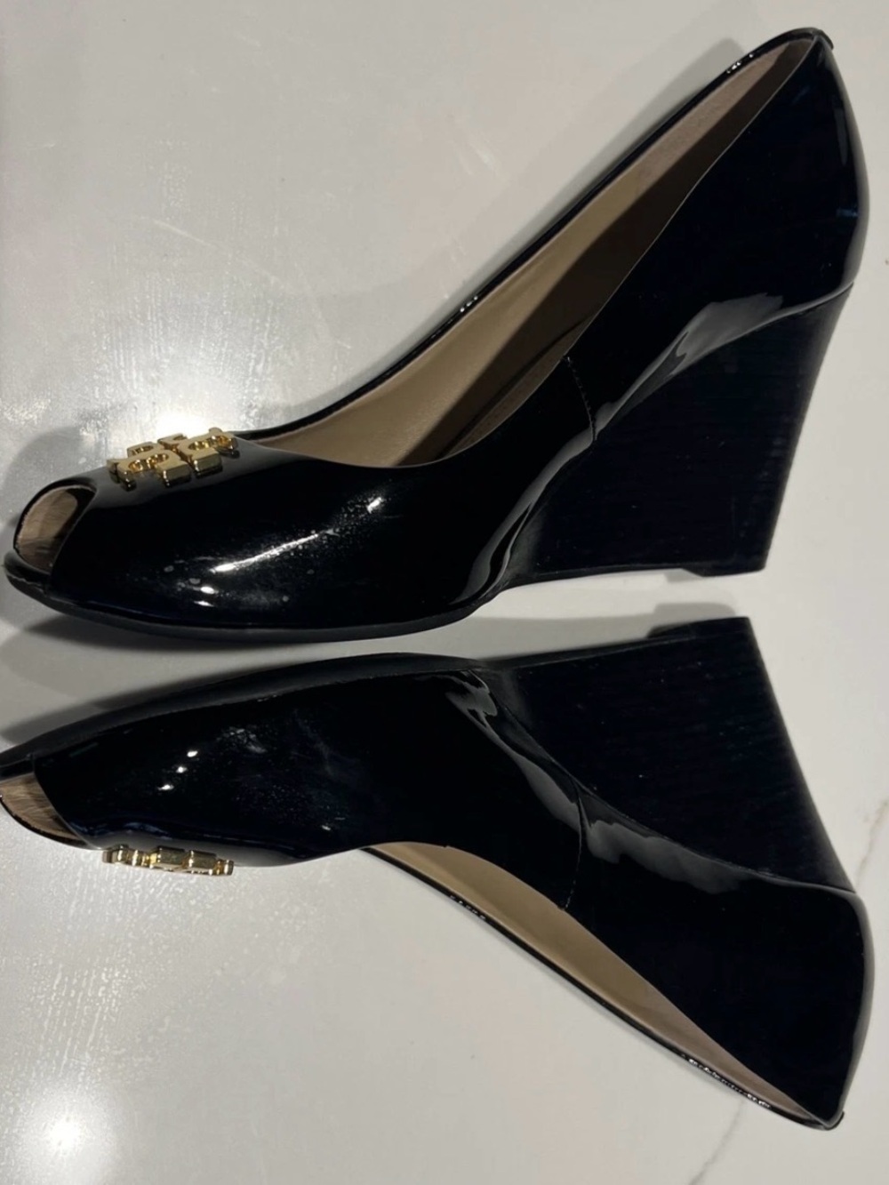 Tory Burch Black Patent Leather Peep-Toe Wedge with Gold Logo - Picture 13 of 15